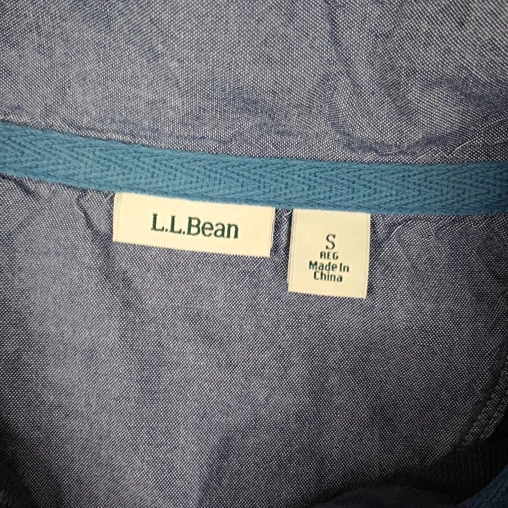 LL Bean Mens Small Striped Quarter Button Pullover Mock Neck Navy Blue Teal Pink